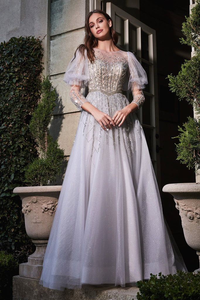 Beaded 3/4 Sleeve Tulle Gown by Cinderella Divine B707 – ABC Fashion