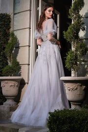 Beaded 3/4 Sleeve Tulle Gown by Cinderella Divine B707