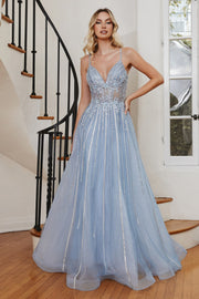 Beaded Applique V-Neck Tulle Gown by Ladivine CD994