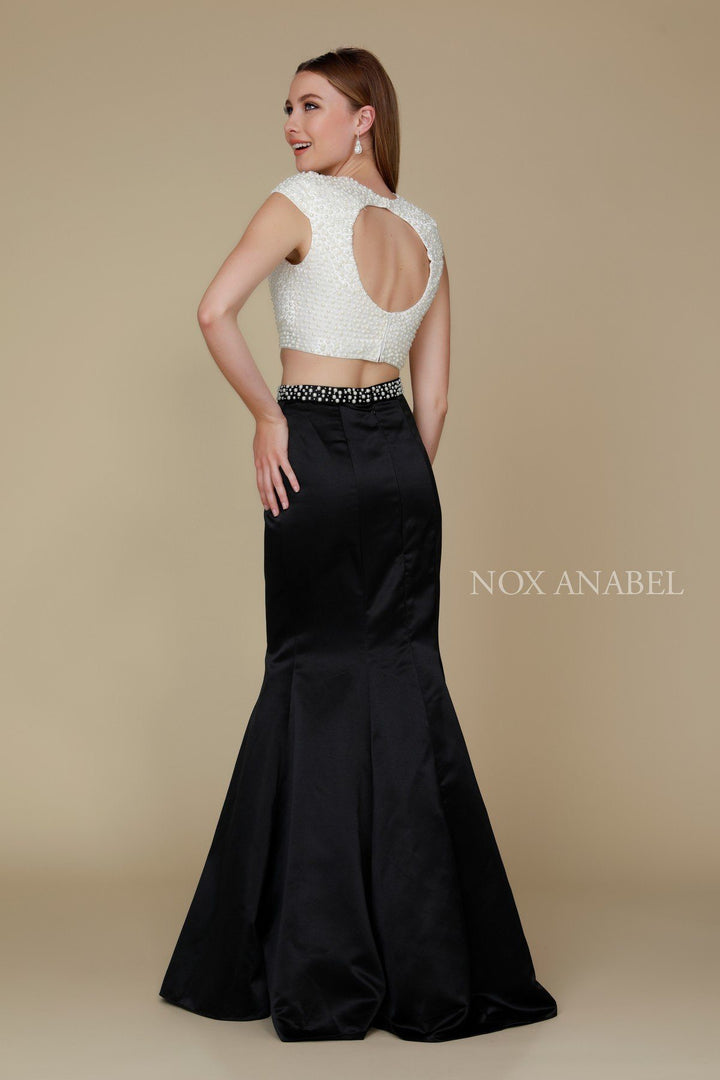 Beaded Cap Sleeve Crop Top Mermaid Dress by Nox Anabel 8227
