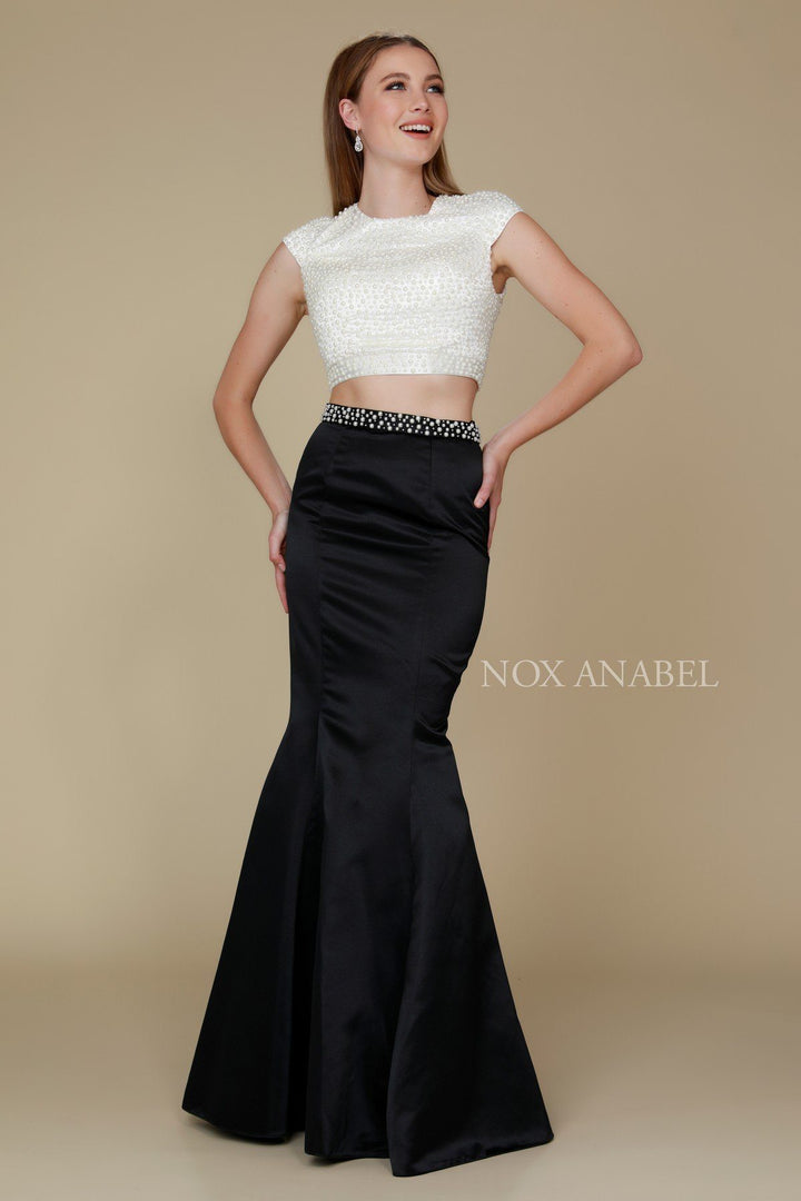 Beaded Cap Sleeve Crop Top Mermaid Dress by Nox Anabel 8227