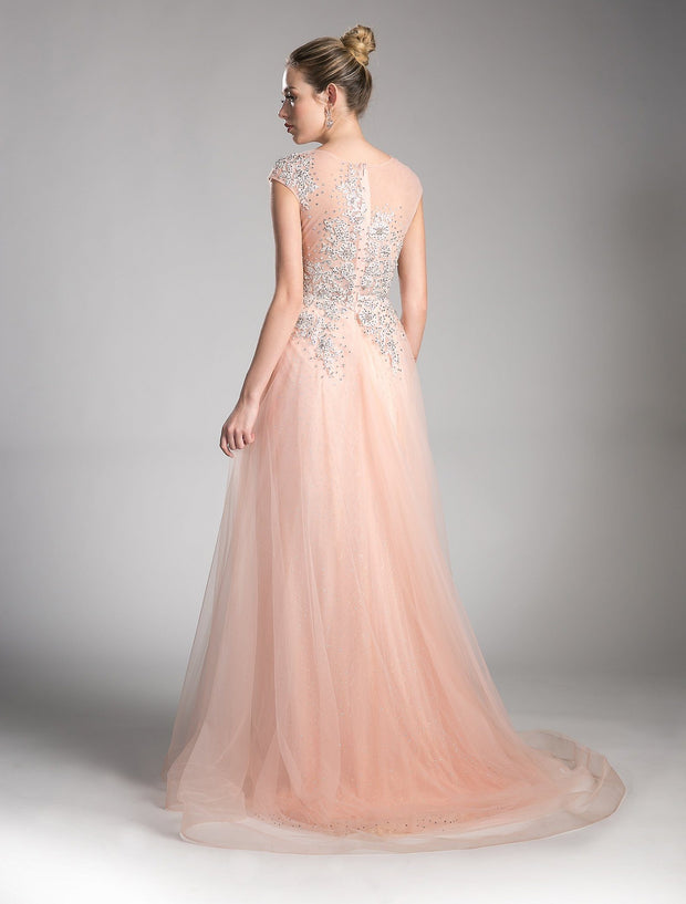 Beaded Cap Sleeve Dress with Tulle Skirt by Cinderella Divine 8992-Long Formal Dresses-ABC Fashion
