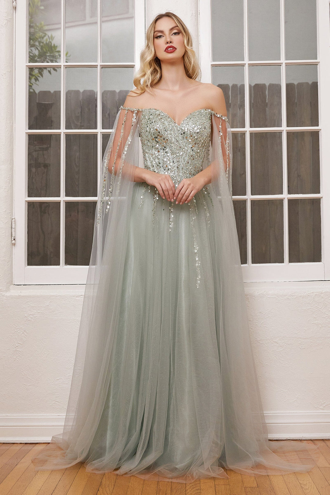 Beaded Cape Sleeve Gown by Ladivine CD0204