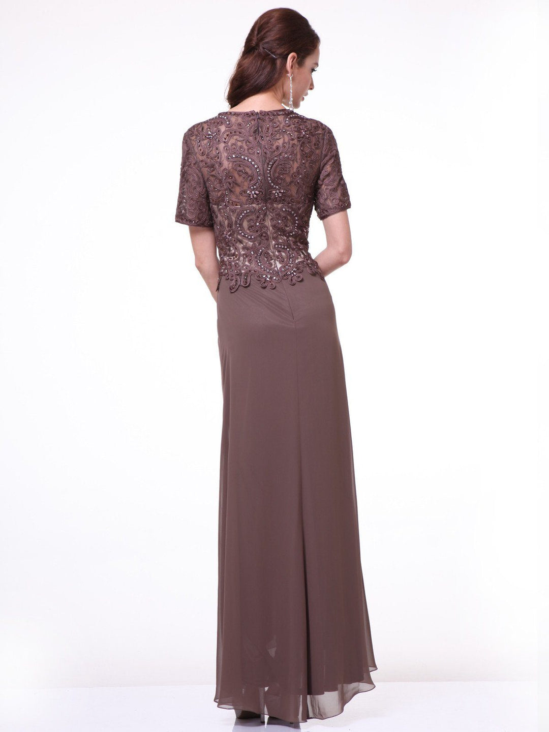 Beaded Chiffon Dress with Short Sleeves by Cinderella Divine 1942-Long Formal Dresses-ABC Fashion