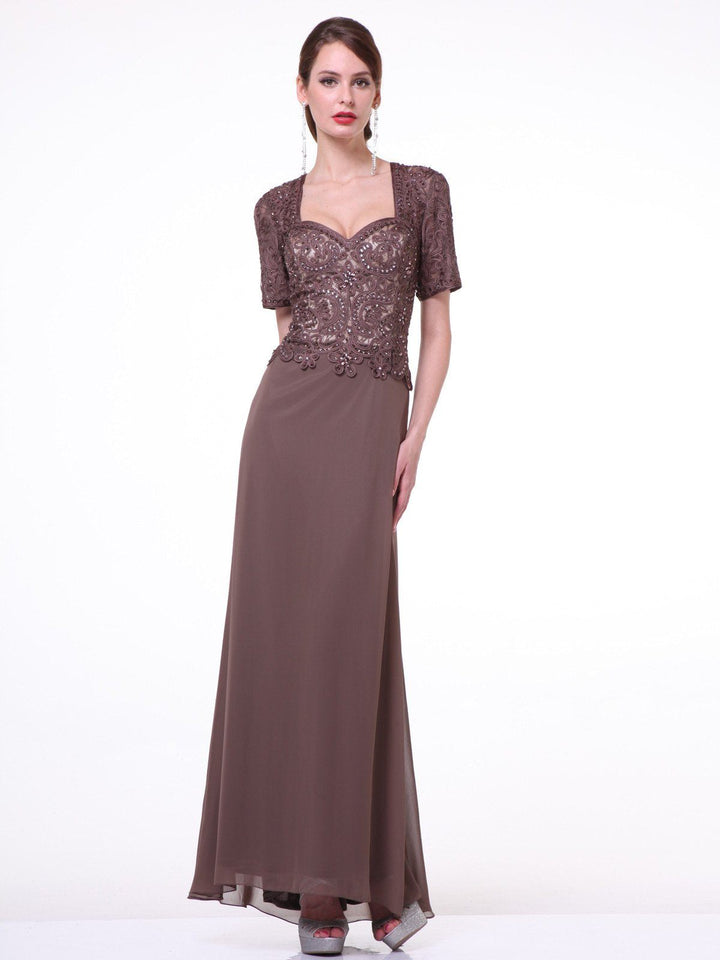 Beaded Chiffon Dress with Short Sleeves by Cinderella Divine 1942-Long Formal Dresses-ABC Fashion