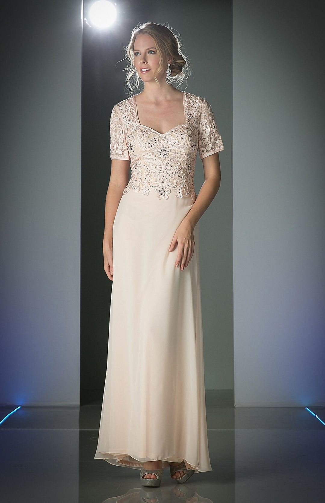 Beaded Chiffon Dress with Short Sleeves by Cinderella Divine 1942-Long Formal Dresses-ABC Fashion