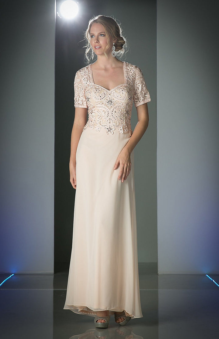 Beaded Chiffon Dress with Short Sleeves by Cinderella Divine 1942-Long Formal Dresses-ABC Fashion