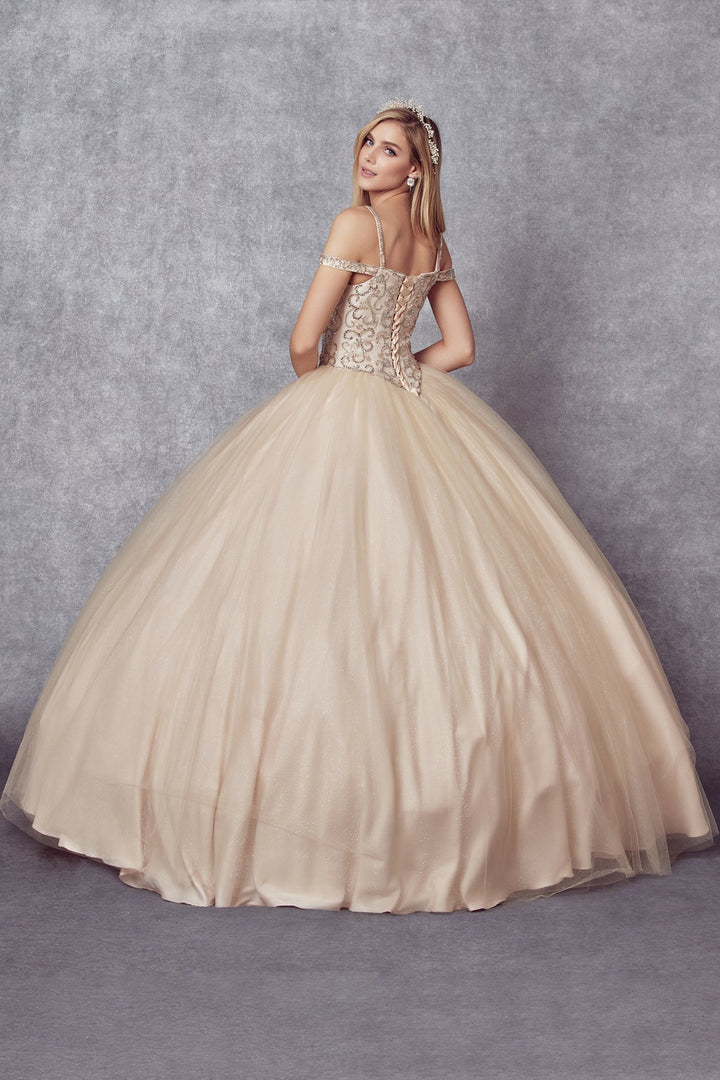 Beaded Cold Shoulder Ball Gown by Juliet 1426
