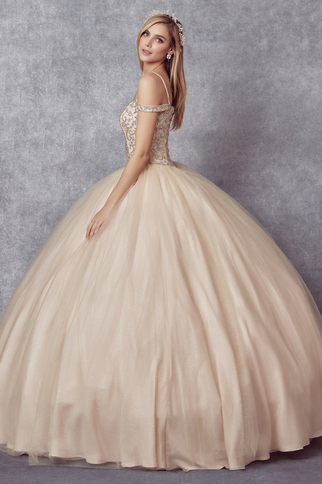 Beaded Cold Shoulder Ball Gown by Juliet 1426