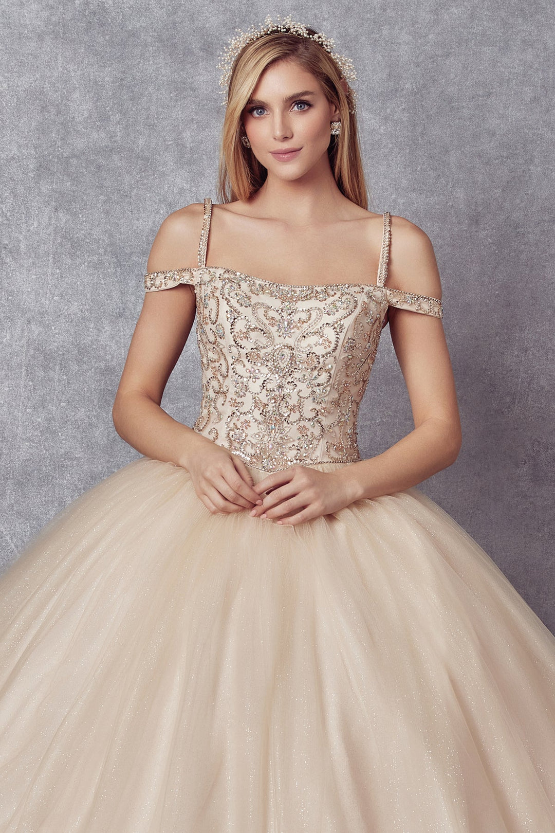 Beaded Cold Shoulder Ball Gown by Juliet 1426