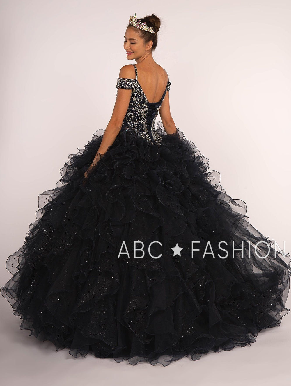 Beaded Cold Shoulder Ball Gown with Ruffled Skirt by Elizabeth K GL2516-Quinceanera Dresses-ABC Fashion