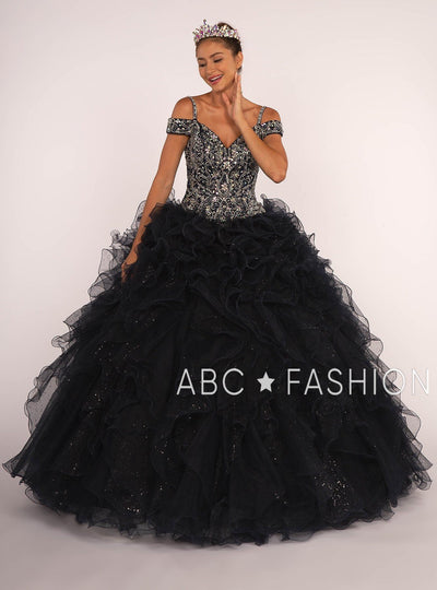 Beaded Cold Shoulder Ball Gown with Ruffled Skirt by Elizabeth K GL2516-Quinceanera Dresses-ABC Fashion