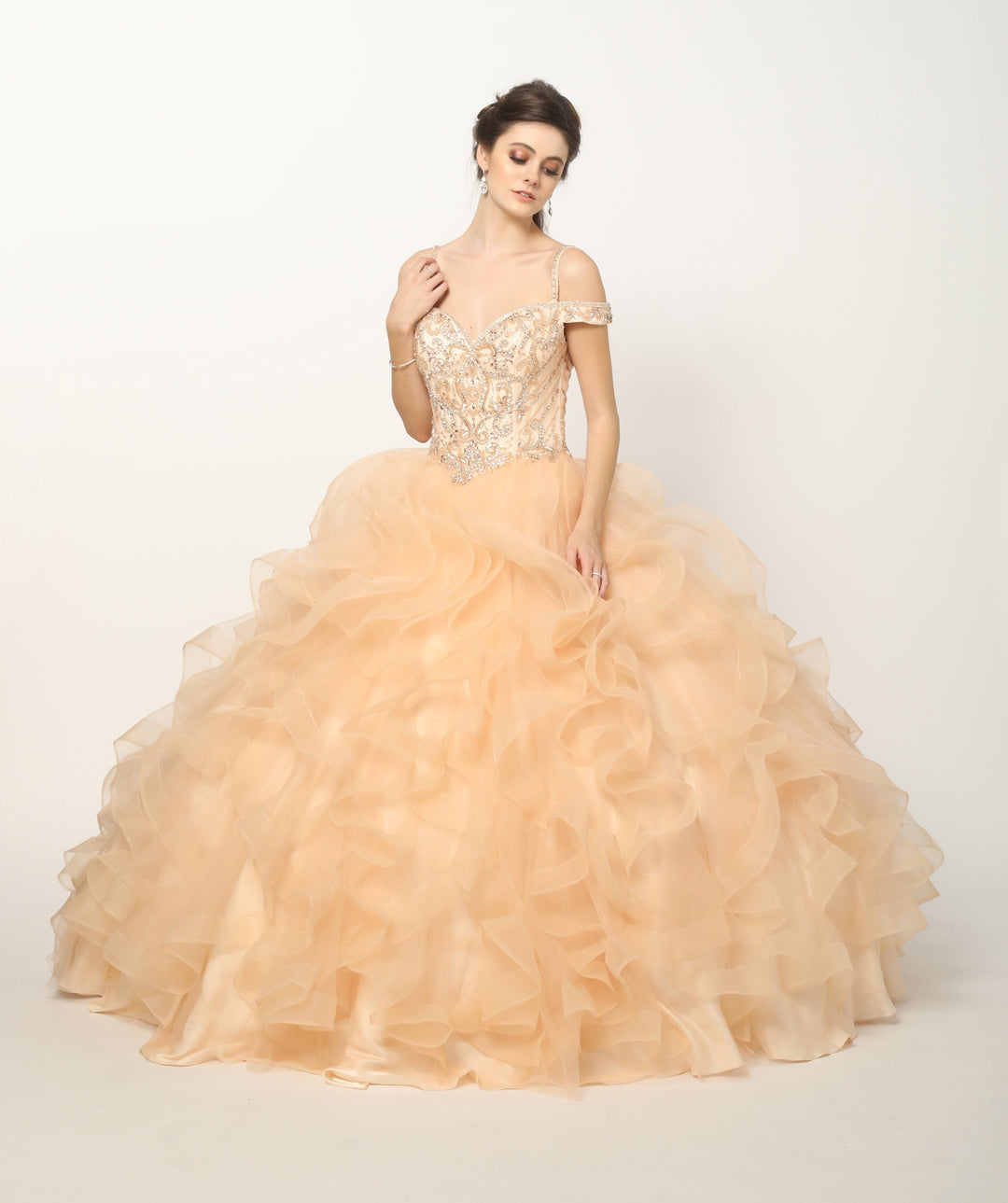 Beaded Cold Shoulder Ball Gown with Ruffled Skirt by Juliet 1421-Quinceanera Dresses-ABC Fashion