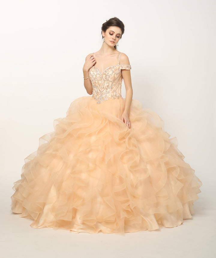 Beaded Cold Shoulder Ball Gown with Ruffled Skirt by Juliet 1421-Quinceanera Dresses-ABC Fashion