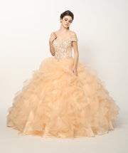 Beaded Cold Shoulder Ball Gown with Ruffled Skirt by Juliet 1421-Quinceanera Dresses-ABC Fashion