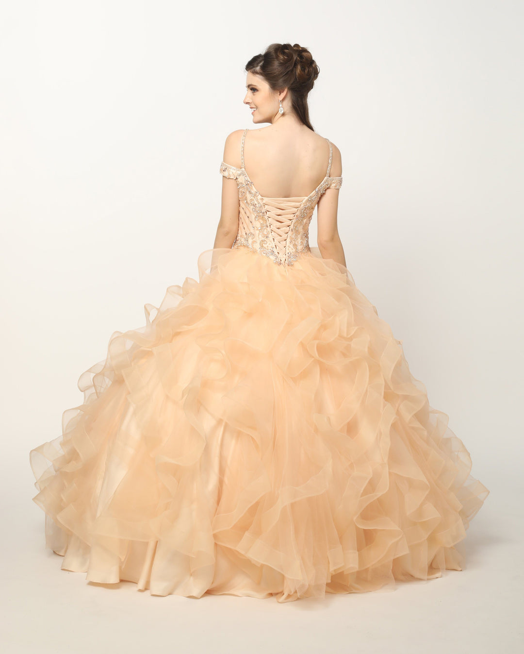 Beaded Cold Shoulder Ball Gown with Ruffled Skirt by Juliet 1421-Quinceanera Dresses-ABC Fashion