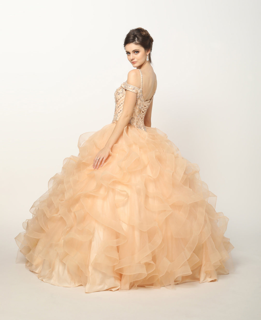 Beaded Cold Shoulder Ball Gown with Ruffled Skirt by Juliet 1421-Quinceanera Dresses-ABC Fashion