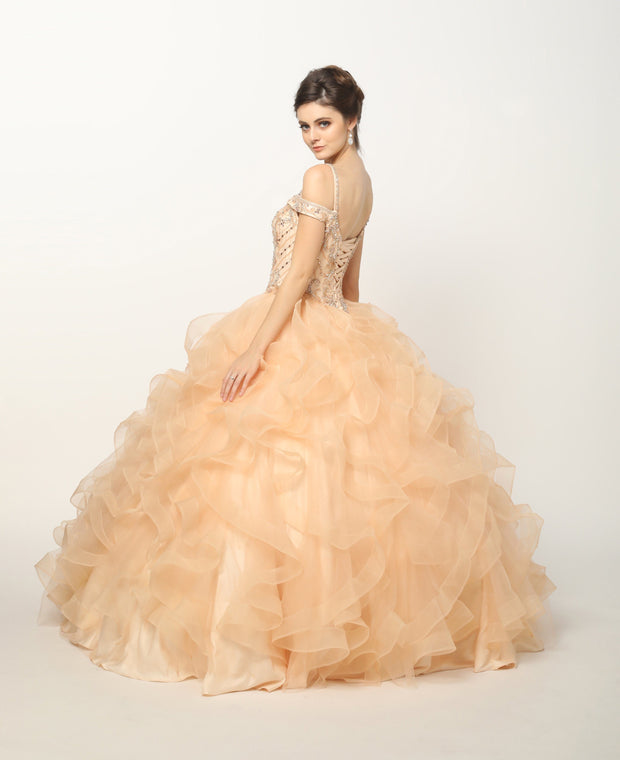 Beaded Cold Shoulder Ball Gown with Ruffled Skirt by Juliet 1421-Quinceanera Dresses-ABC Fashion
