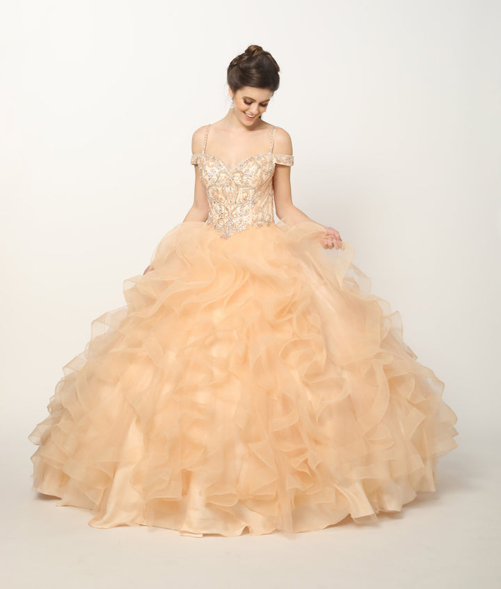 Beaded Cold Shoulder Ball Gown with Ruffled Skirt by Juliet 1421-Quinceanera Dresses-ABC Fashion