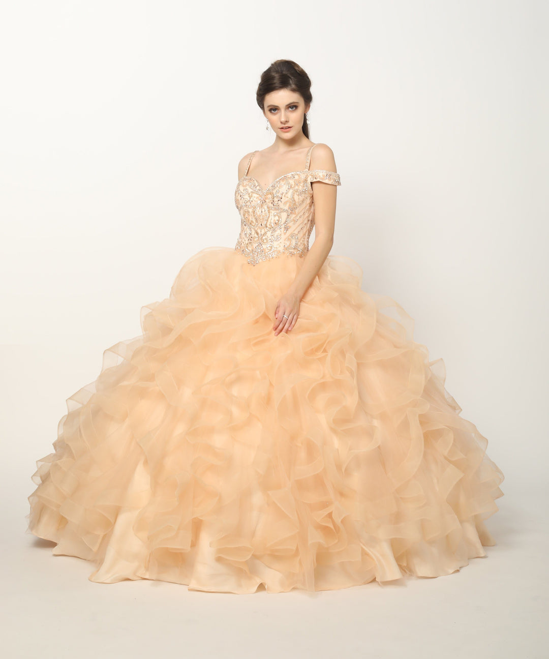 Beaded Cold Shoulder Ball Gown with Ruffled Skirt by Juliet 1421-Quinceanera Dresses-ABC Fashion