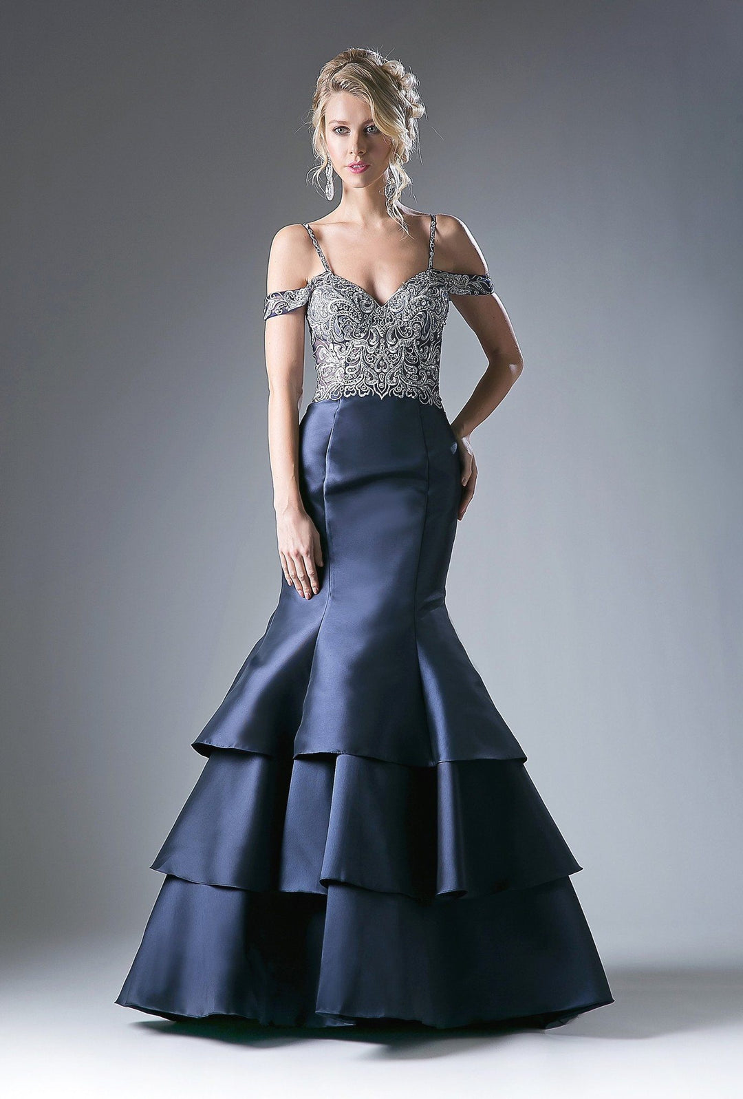 Beaded Cold Shoulder Mermaid Dress by Cinderella Divine 13115-Long Formal Dresses-ABC Fashion