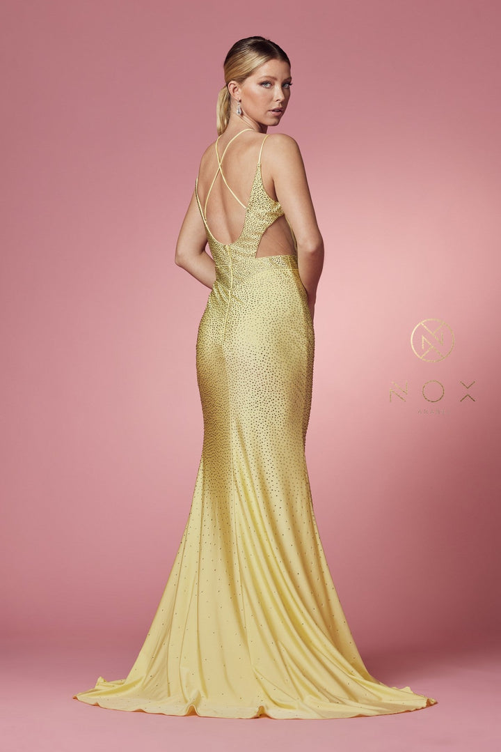 Beaded Cutout Mermaid Gown by Nox Anabel E1003