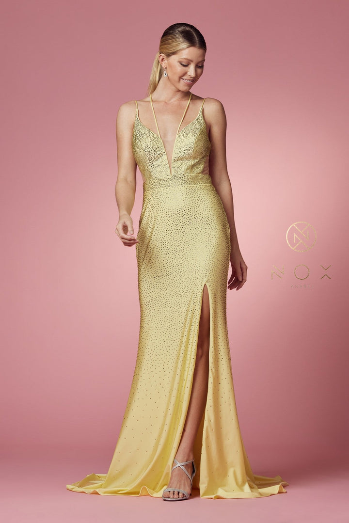 Beaded Cutout Mermaid Gown by Nox Anabel E1003