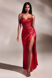 Beaded Fitted Corset Satin Gown by Ladivine CD265