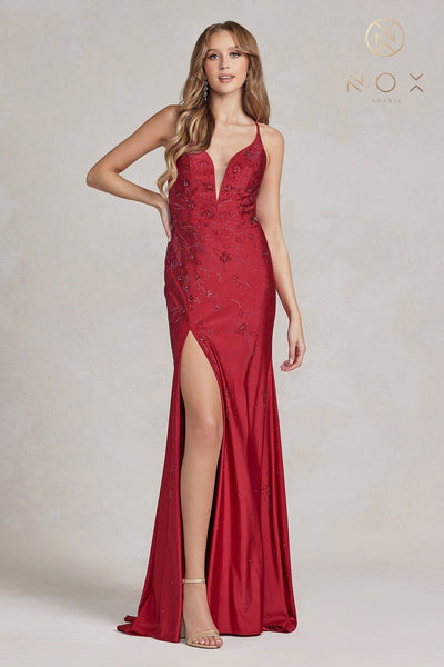 Beaded Fitted Deep V-Neck Gown by Nox Anabel E1206