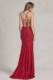 Beaded Fitted Deep V-Neck Gown by Nox Anabel E1206