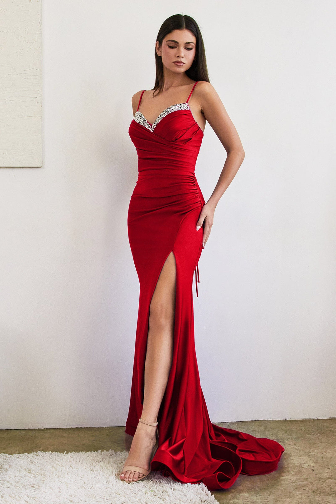 Beaded Fitted Satin Slit Gown by Ladivine CD888