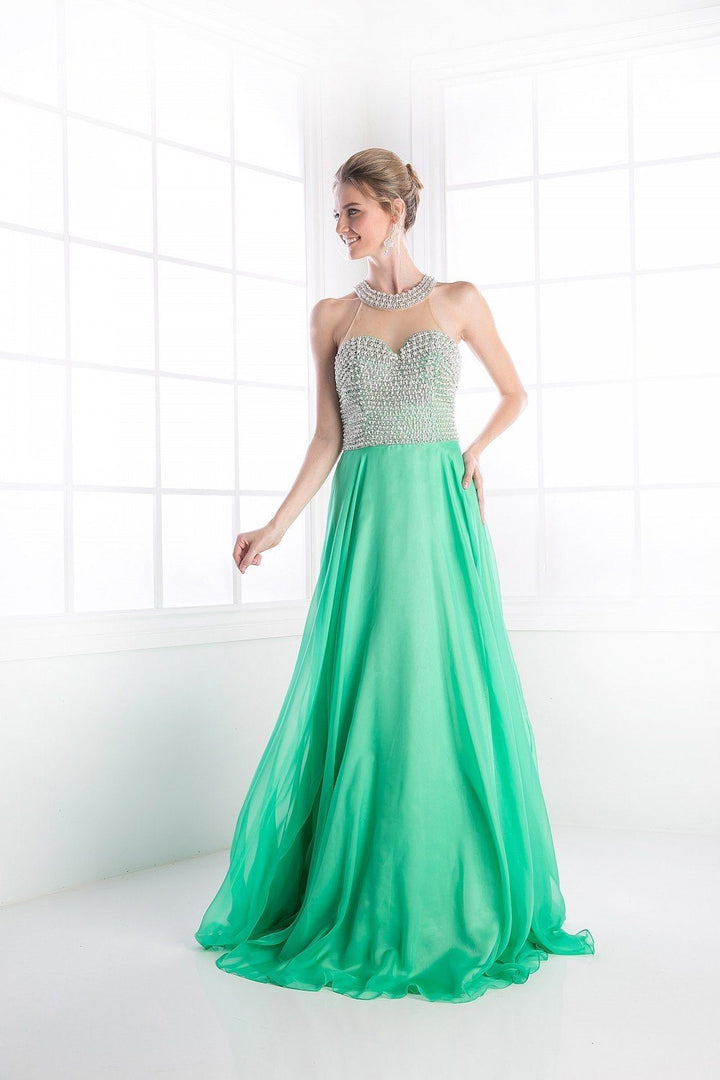 Beaded Halter Chiffon Gown by Cinderella Divine 8107