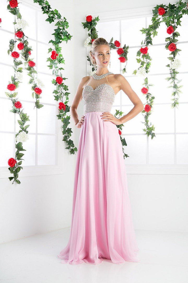 Beaded Halter Chiffon Gown by Cinderella Divine 8107