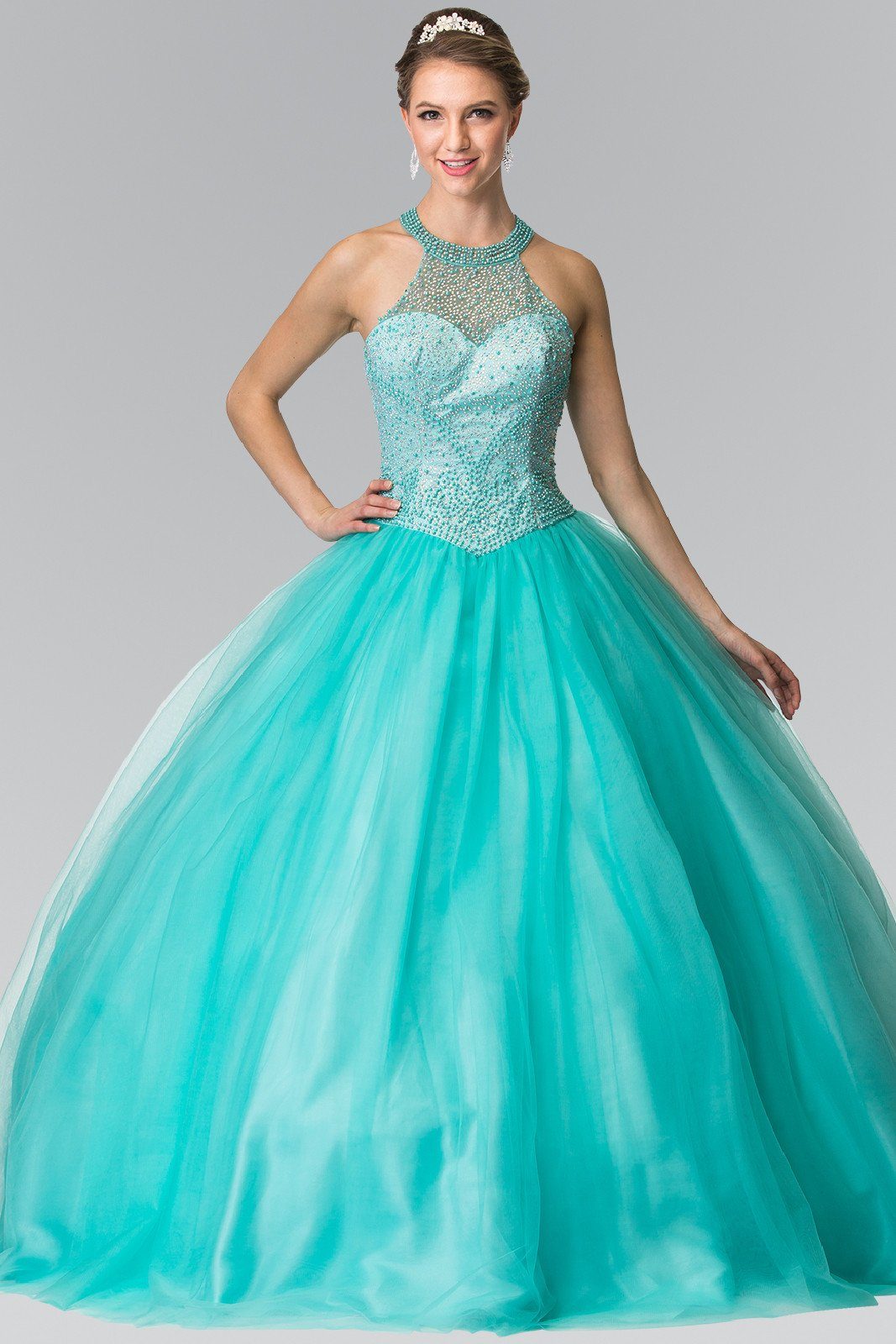 Beaded Halter Illusion Ballgown by Elizabeth K GL2309-Quinceanera Dresses-ABC Fashion