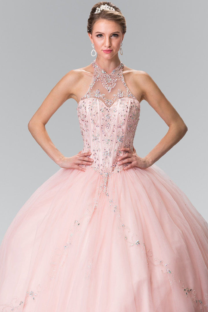 Beaded Halter Illusion Ballgown by Elizabeth K GL2348-Quinceanera Dresses-ABC Fashion