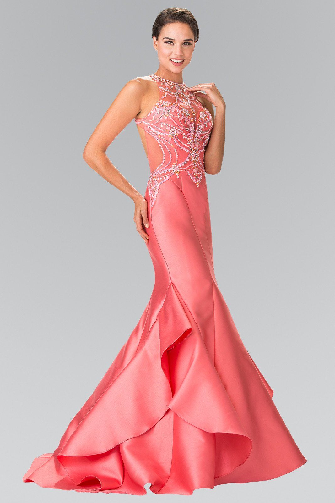 Beaded Halter Mermaid Dress with Ruffles by Elizabeth K GL2357-Long Formal Dresses-ABC Fashion