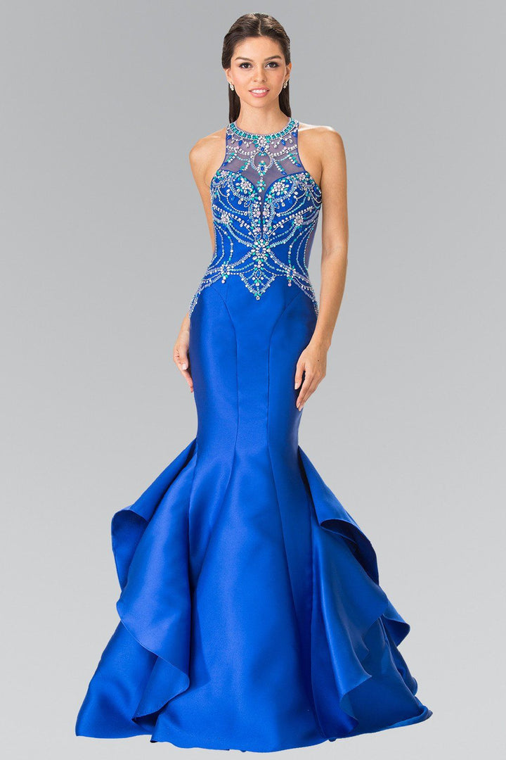 Beaded Halter Mermaid Dress with Ruffles by Elizabeth K GL2357-Long Formal Dresses-ABC Fashion