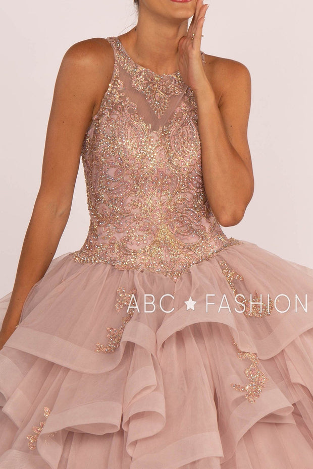 Beaded Illusion Ball Gown with Layered Skirt by Elizabeth K GL2513-Quinceanera Dresses-ABC Fashion