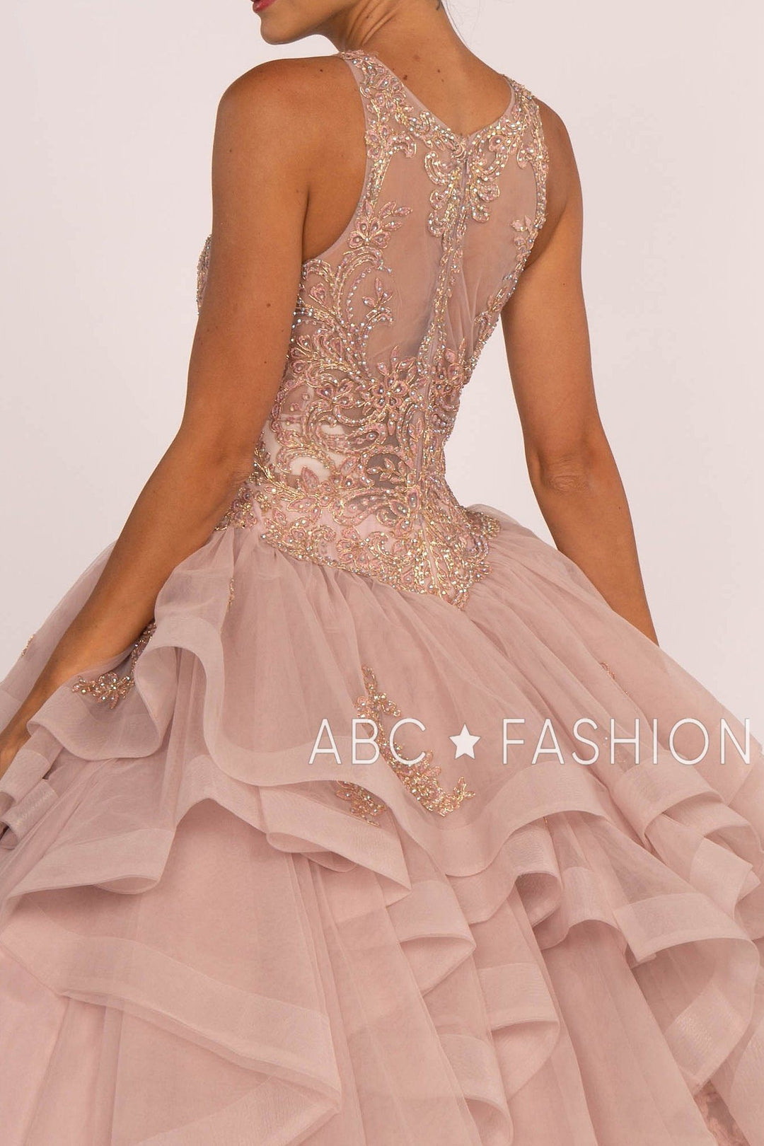 Beaded Illusion Ball Gown with Layered Skirt by Elizabeth K GL2513-Quinceanera Dresses-ABC Fashion