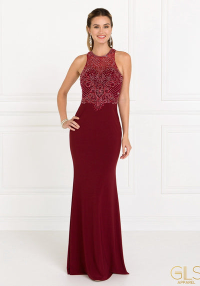 Beaded Illusion Burgundy Mermaid Dress by Elizabeth K GL1507-Long Formal Dresses-ABC Fashion