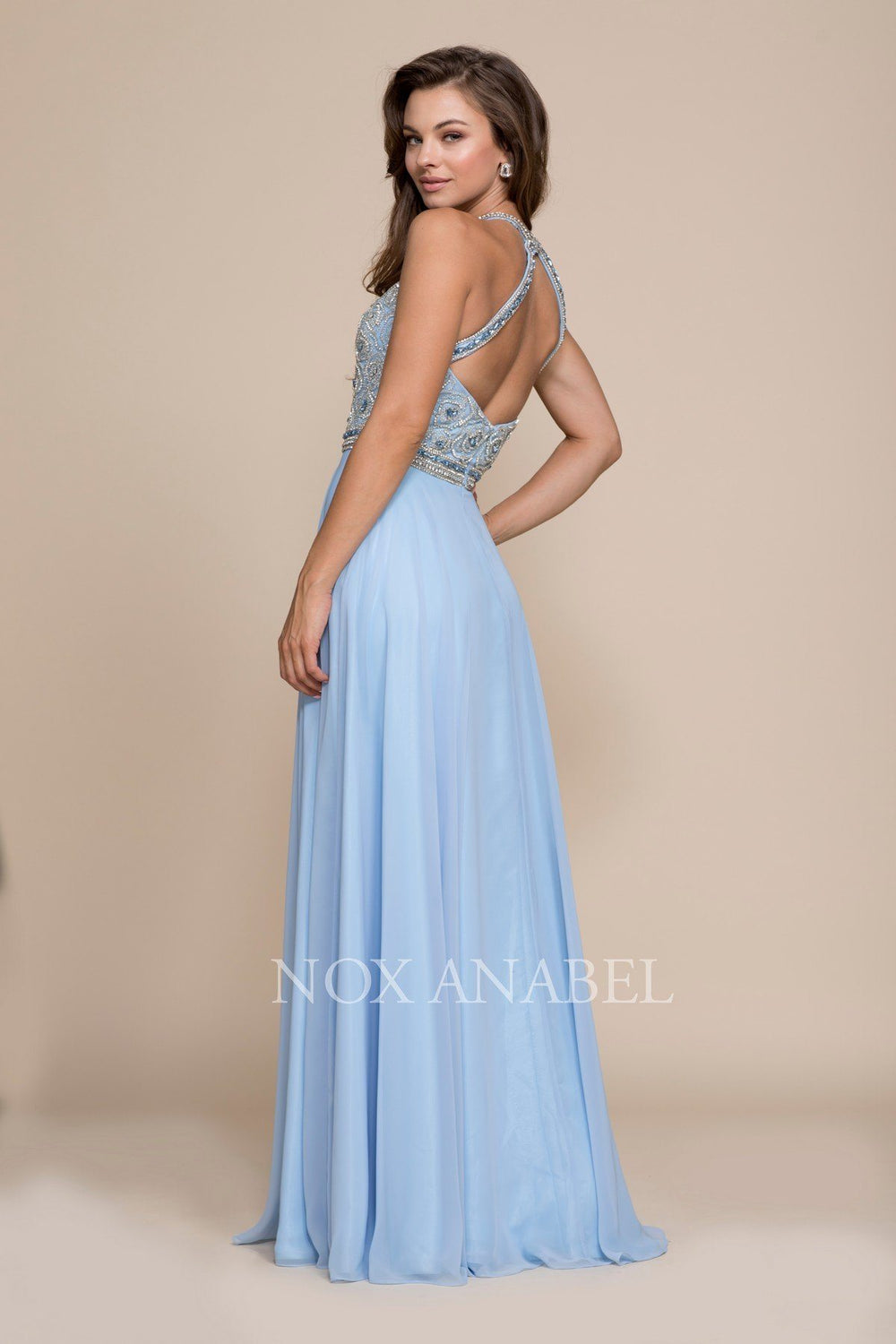 Beaded Illusion Long Halter Dress by Nox Anabel 8295-Long Formal Dresses-ABC Fashion
