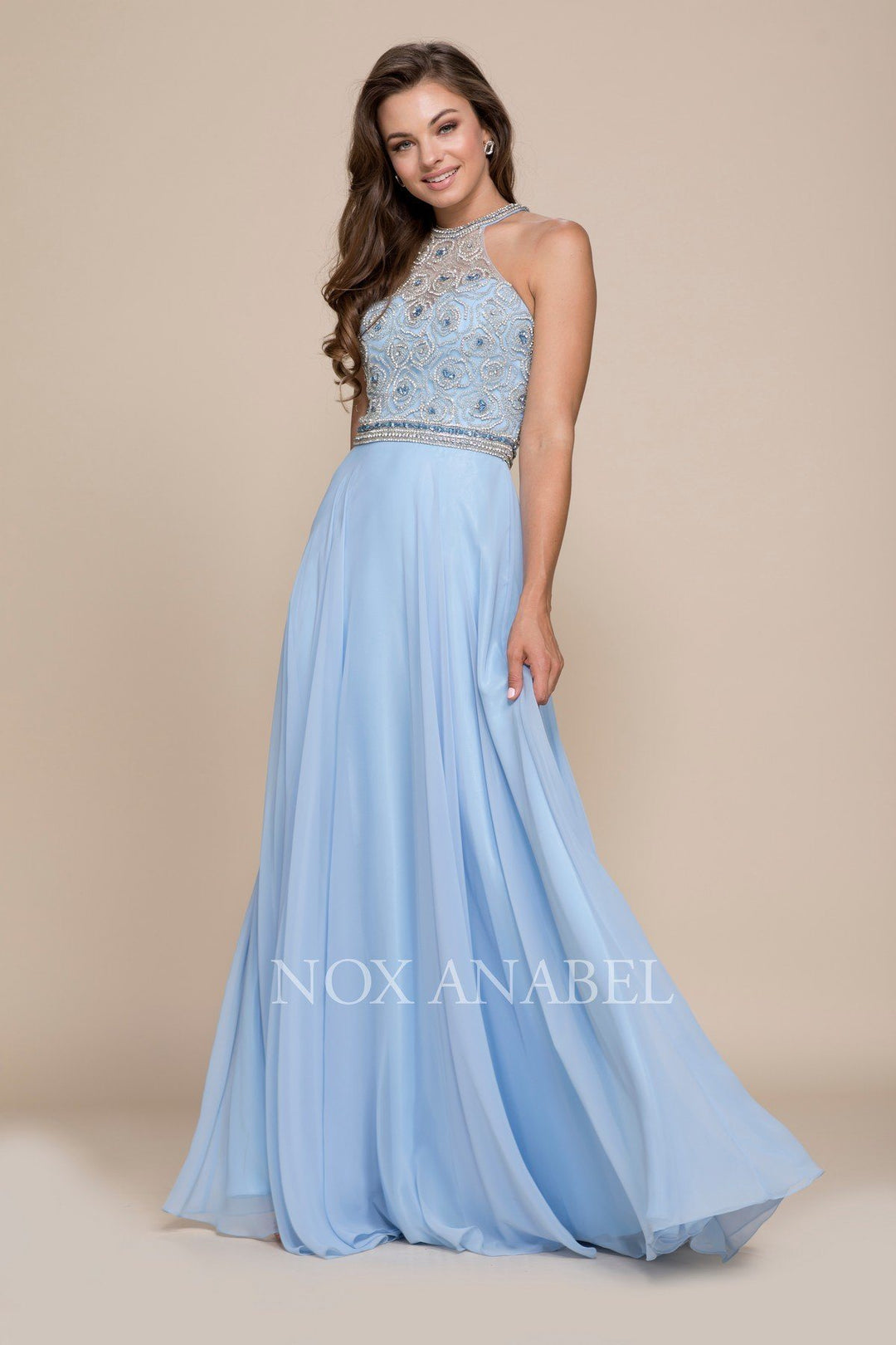 Beaded Illusion Long Halter Dress by Nox Anabel 8295-Long Formal Dresses-ABC Fashion