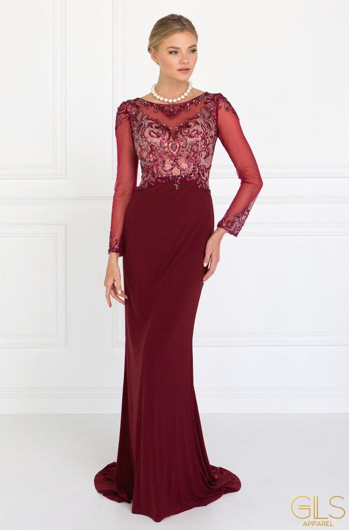 Beaded Illusion Long Sleeve Burgundy Gown by Elizabeth K GL1506-Long Formal Dresses-ABC Fashion