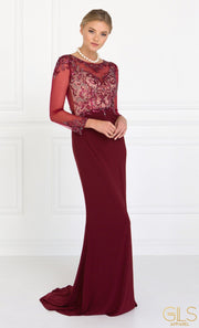 Beaded Illusion Long Sleeve Burgundy Gown by Elizabeth K GL1506-Long Formal Dresses-ABC Fashion