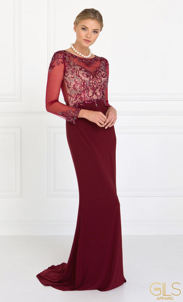 Beaded Illusion Long Sleeve Burgundy Gown by Elizabeth K GL1506-Long Formal Dresses-ABC Fashion