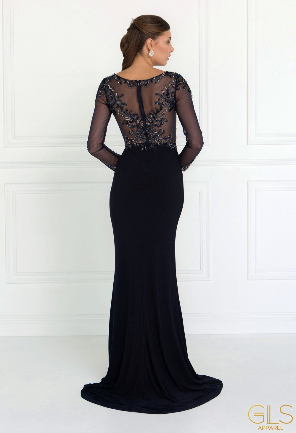 Beaded Illusion Long Sleeve Navy Gown by Elizabeth K GL1506-Long Formal Dresses-ABC Fashion