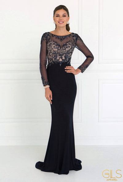 Beaded Illusion Long Sleeve Navy Gown by Elizabeth K GL1506-Long Formal Dresses-ABC Fashion
