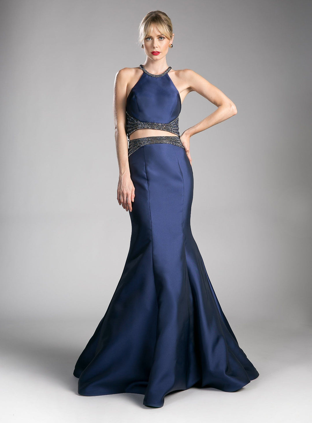 Beaded Illusion Navy Mermaid Dress by Cinderella Divine CB0023-Long Formal Dresses-ABC Fashion