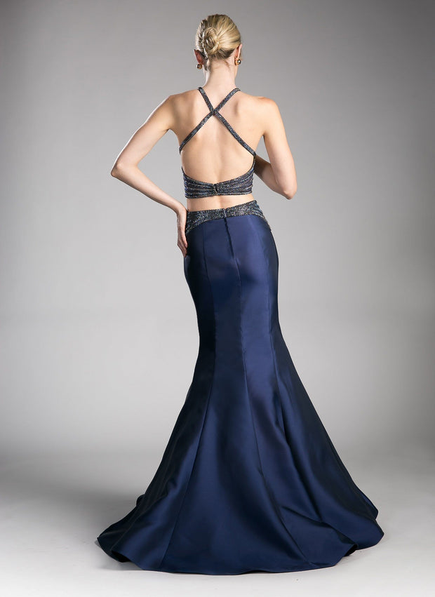 Beaded Illusion Navy Mermaid Dress by Cinderella Divine CB0023-Long Formal Dresses-ABC Fashion