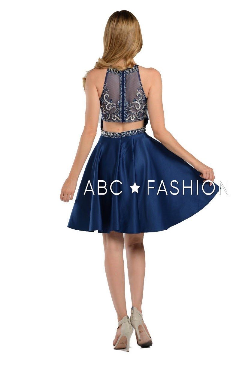 Beaded Illusion Short High-Neck Dress with Pockets by Poly USA 8038-Short Cocktail Dresses-ABC Fashion